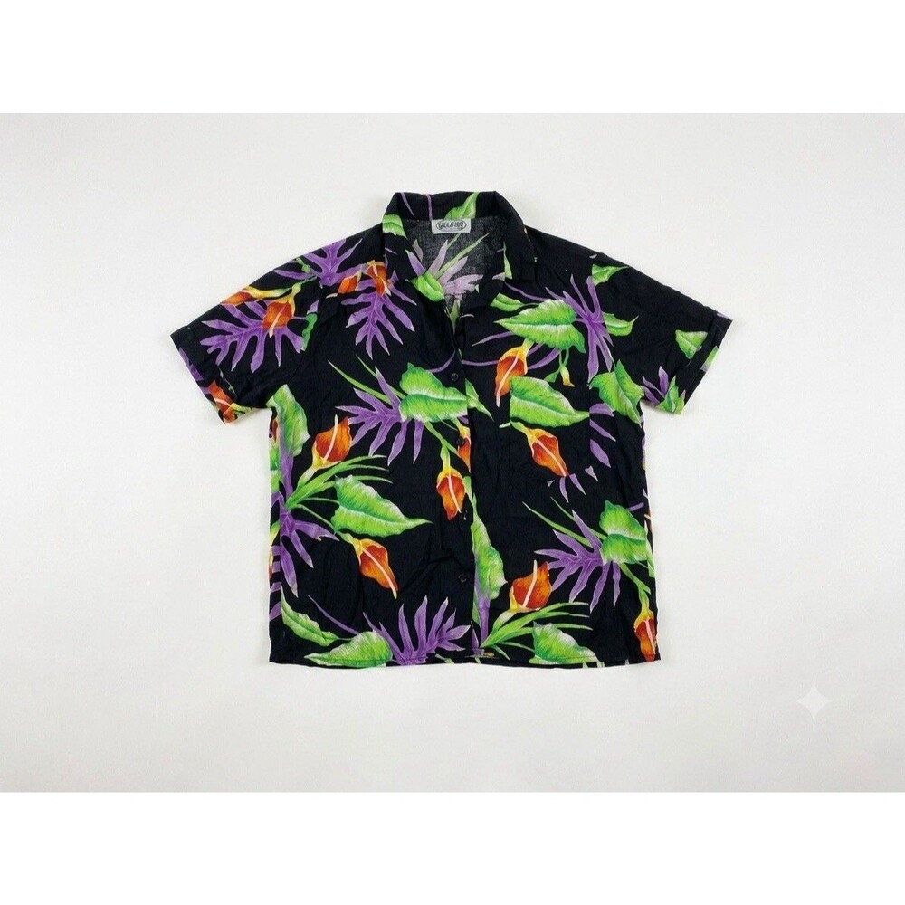 VTG 80s 90s That's It! California Tropical Shirt Women's Sz M Black Floral Aloha